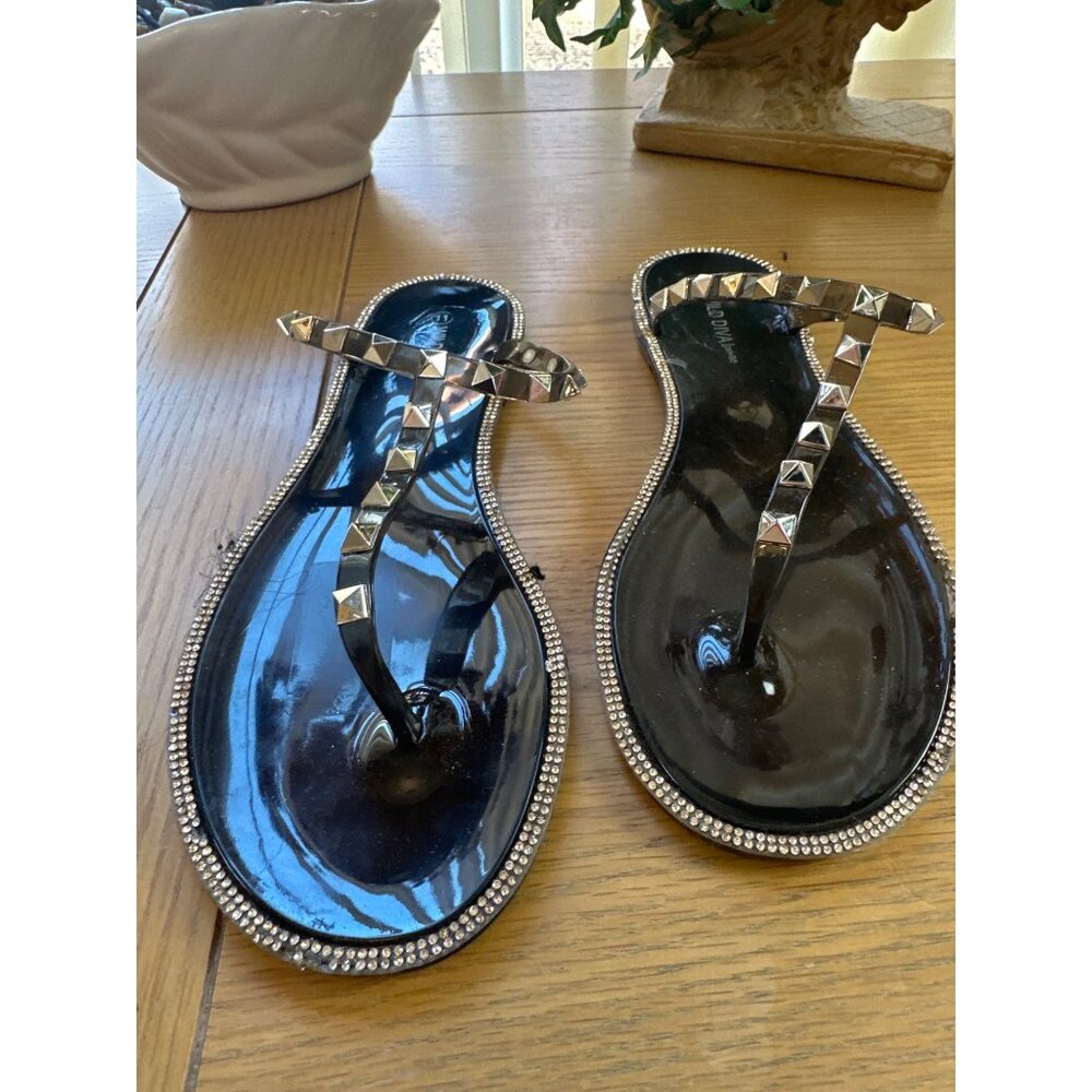 Wild Diva Size 11 Black Rhinestone & Studded Jelly Faux Leather Sandals